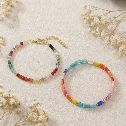 1PC Fashionable Bohemian Colored Beaded Bracelet, High-End Simple Elastic Design TL Bracelet, Stackable TL Bracelet, Color Contrast TL Beaded Bracelet, Black Glass Bracelet, Rainbow Beaded Semi Precious Stone Bracelet, Suitable For Women's Daily Commute, Sisters Bracelet, Birthday Gift, Family Gift, Valentine's Day Gift, Women's Gift, Anniversary Gift