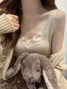 Lace Camisole Women's Undershirt, V-Neck Knit Vest With Lace Patchwork, Suitable For Winter, Christmas, Spring New Year Outfits - Apricot - View 1