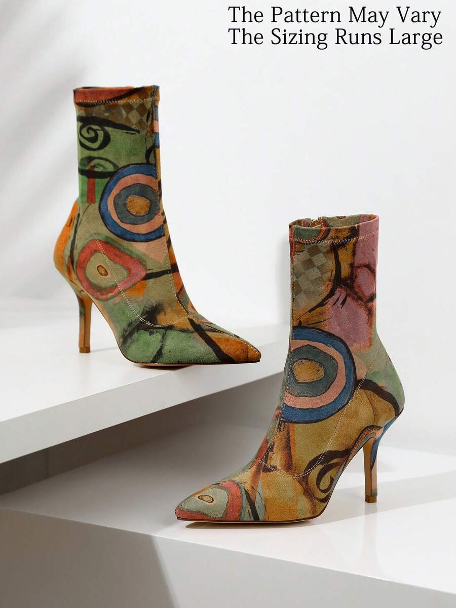 All Over Print Summer Ankle Boots For Women - Pointed Toe Stiletto Heels Shoes For Women Elastic Side Zip, Spring Fashion Unique Stretch Fabric With Print-Elegant Sexy Style For Commuting High Heels Boot Sandals, Summer Boots,Wedding Valentine's Day, Music Festival Party & Sexy Night Shoes Random (Each Pair May Vary For Surprise) - Bất thường-B - Xem 1