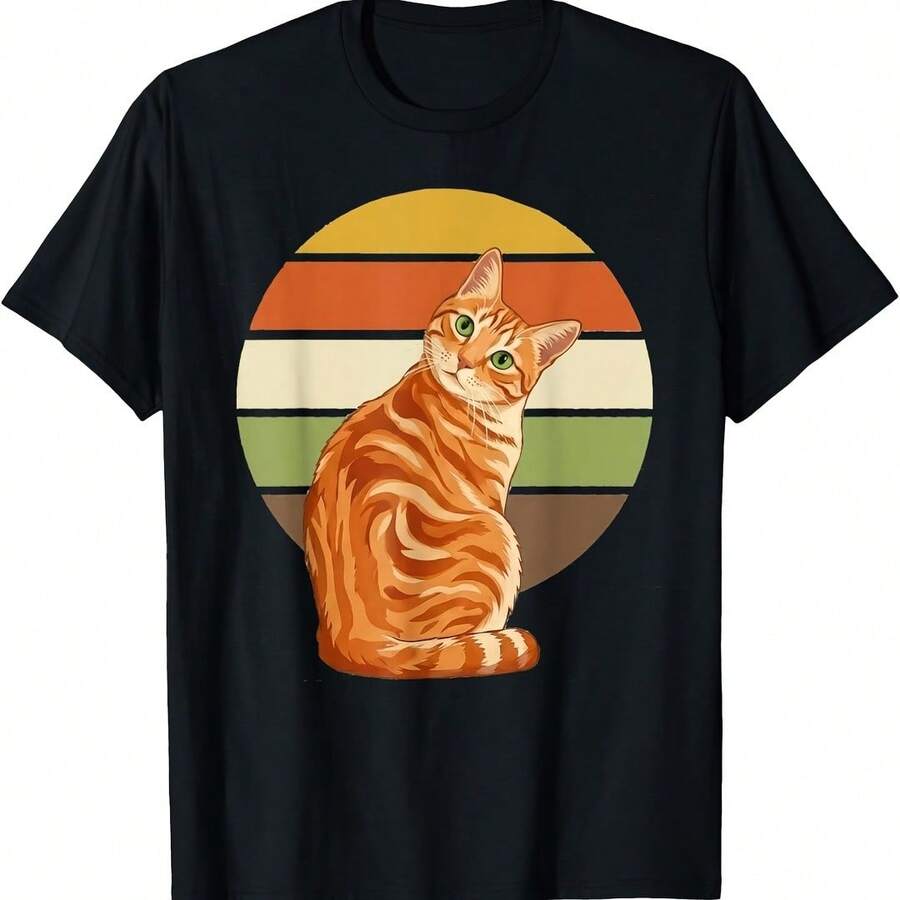 Retro Circle Orange Tabby Cat Vintage Sun 70s Style T-Shirt - 綠色 - 查看 1