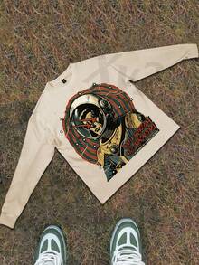Y2k Astronaut Art Punk Long Sleeve Shirts ,Sky Double-Sided Printing,Christmas Style Graphic T Shirt Cotton,Fashionable Hip-Hop For Men -  Long Sleeve T-Shirts, Funny Vintage Shirts,Regular Fit, Street Style, Digital Print,  Ideal Gift - Màu be - Xem 5