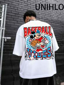 Disney UNIHLO  Street Life Men's Casual Loose  Mickey  Cartoon  Print Short Sleeve T-ShirtSummer - 白色 - 查看 2