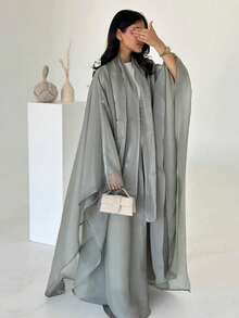 New Middle Eastern Dubai Turkey Lily Sequin Robe With Headscarf - Light Grey - View 1