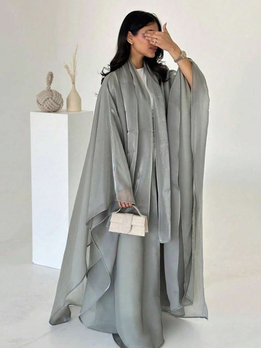 New Middle Eastern Dubai Turkey Lily Sequin Robe With Headscarf - Light Grey - View 1