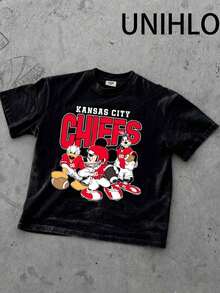 Disney UNIHLO      Printed Summer Heavyweight Retro Washed Street Fashion Casual T-Shirt - 黑色 - 查看 2