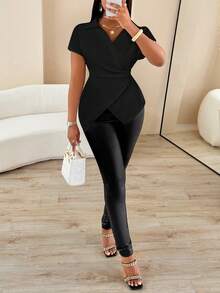 AIJ 女士夏季条纹印花纽扣衬衫，不对称下摆，蝙蝠袖短袖，裹身式上衣，优雅秋季穿着，适合通勤、外出、休闲场合。 - 黑色 - 查看 3