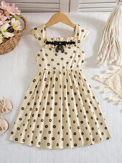 Vestido de niña de longitud hasta la rodilla, de estilo casual con estampado floral, adornos de encaje, cuello con volantes y lazo, para primavera/verano