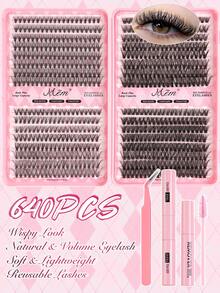 640片D型卷翘蓬松假睫毛套装，包含睫毛胶、镊子、睫毛刷、放大睫毛，轻盈可重复使用，大容量单根假睫毛，柔软自然的混合睫毛，打造3D立体浓密眼妆。 - 彩色 - 查看 13