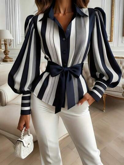 1 pieza Blusa de mujer con contraste de rayas, lazo en la cintura, botón delantero, de poliéster, manga larga, elegante y de moda, adecuada para el hogar, uso diario, oficina, viajes, vacaciones, otoño/invierno