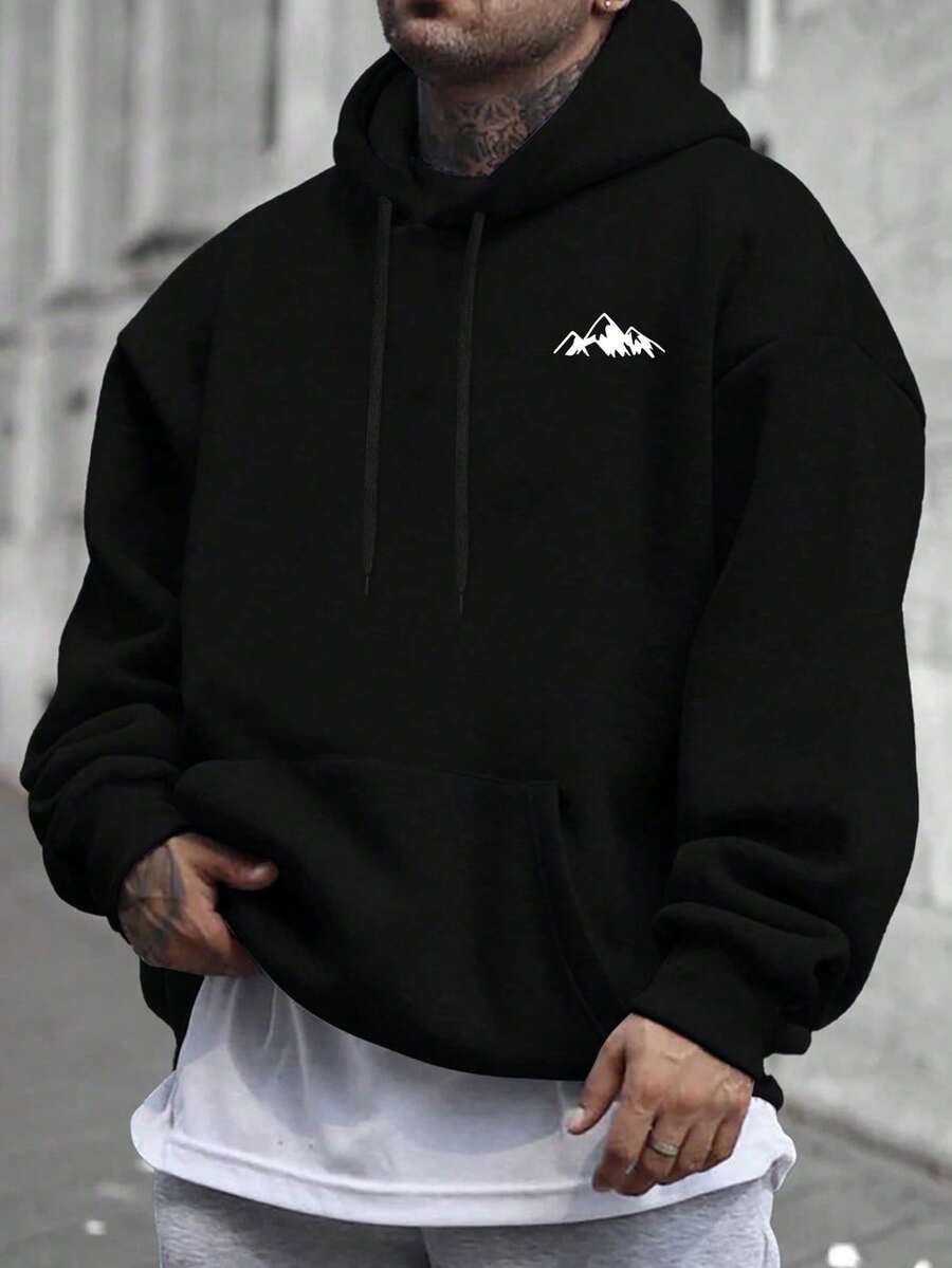 2026 Men's Casual Versatile Hoodie, Mountain Print - Loose Pullover, Kangaroo Pocket, Stretchy Fabric, Machine Washable - Perfect For Spring And Autumn Seasons - Black - View 1