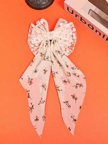 1pc Versatile Casual Party Lace Embroidery Bow Chiffon Printed Ribbon Tail Women Bowknot Hair Clip Hair Accessory - Multicolor - View 3