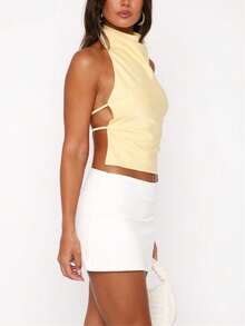 Women's Halter Neck Satin Tank Tops Mock Neck Sleeveless Backless Shirts Solid Color Slim Fit Crop Tops Summer High Neck Vest Camisoles Holiday Beachwear Party Clubwear - 米色 - 查看 3