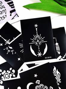 Juego de 8 plantillas de tatuajes temporales con patrones de estrellas, lunas y flores - Textura hueca delicada, reutilizables, aptos para tatuajes personalizados DIY, fiestas y decoración corporal diaria, fáciles de crear efectos de tatuaje únicos y exquisitos - Negro - Ver 7
