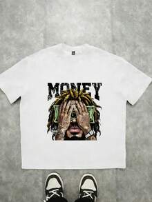 Men's T-Shirt, Casual Loose Fit, Street Hip-Hop Dollar Sign Pattern T-Shirt, Casual Short-Sleeved Crewneck Top, Machine Washable, Suitable For All Seasons, Comfortable To Wear, Unique Pattern T-Shirt, Fit And Comfortable. Loose Fit, Casual Clothing, Top, Men's T-Shirt, Halloween, Casual, Christmas - 白色 - 查看 6