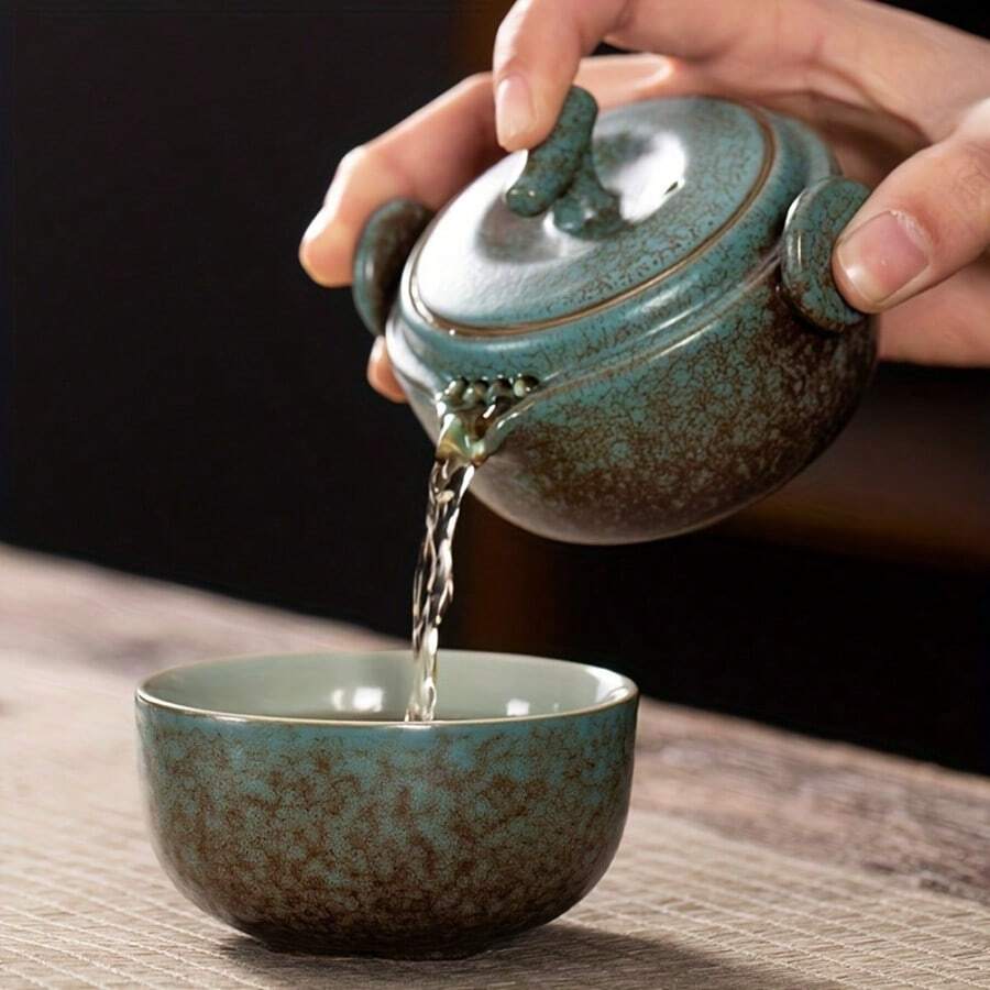 1 Set Portátil de Té para Viajes al Aire Libre, Juego de Tetera Compacto Pequeño, Taza de Cerámica de Preparación Rápida, 1 Tetera y 2 Tazas de Té