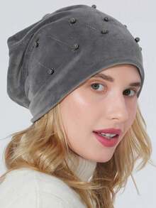 1pc Women's Rhinestone & Pearl Embellished Pullover Beanie Hat, Fashionable & Versatile, Autumn/Winter - Multicolor - View 4