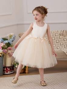 Young Girl Shawl 3D Flower Bow Tulle Elegant Flower Girl Dress, Suitable For Girls Birthday Party, Banquet, Prom, Wedding, Bridesmaid, Holiday Celebration - Champagne - View 7