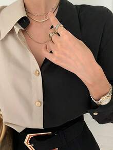 Camisa de mujer Camisa de manga larga de una sola botonadura para mujer, inspirada en la moda vintage chic coreana, con diseño en colores mezclados, ideal para el otoño. Camisa de manga larga de gasa para mujer, elegante y versátil, con diseño en colores mezclados y bloques de color, inspirada en la moda vintage. - Negro - Ver 6