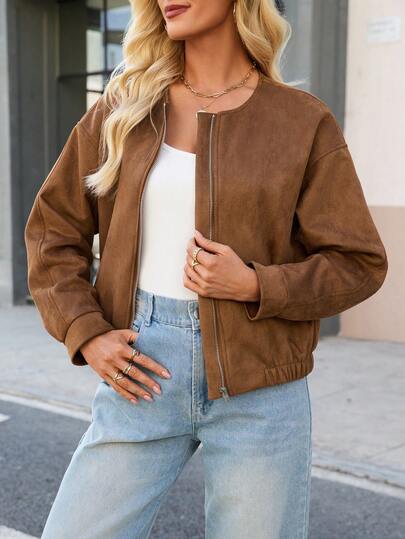 Ladies' Short Fashion Pilot Jacket, Round Neck With Pockets, Front Zipper, Long-Sleeved Spring Coat