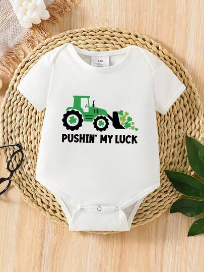 Baby Boys' Clover Forklift "Push My Luck" Graphic Print Short Sleeve Romper