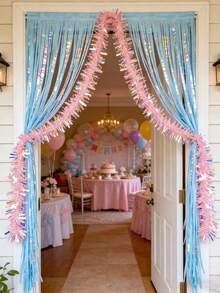 1pc Approx. 2m Long Pink & Blue Glitter Streamer, Suitable For Gender Reveal Party, Birthday, Wedding, Baby Shower, Room Wall Decor, Gender Reveal Decoration, Pink & Blue Glitter Ribbon, Boy Or Girl Gender Announcement, Shiny Foil Streamer, Photo Backdrop, Party Supplies - Multicolor - View 6