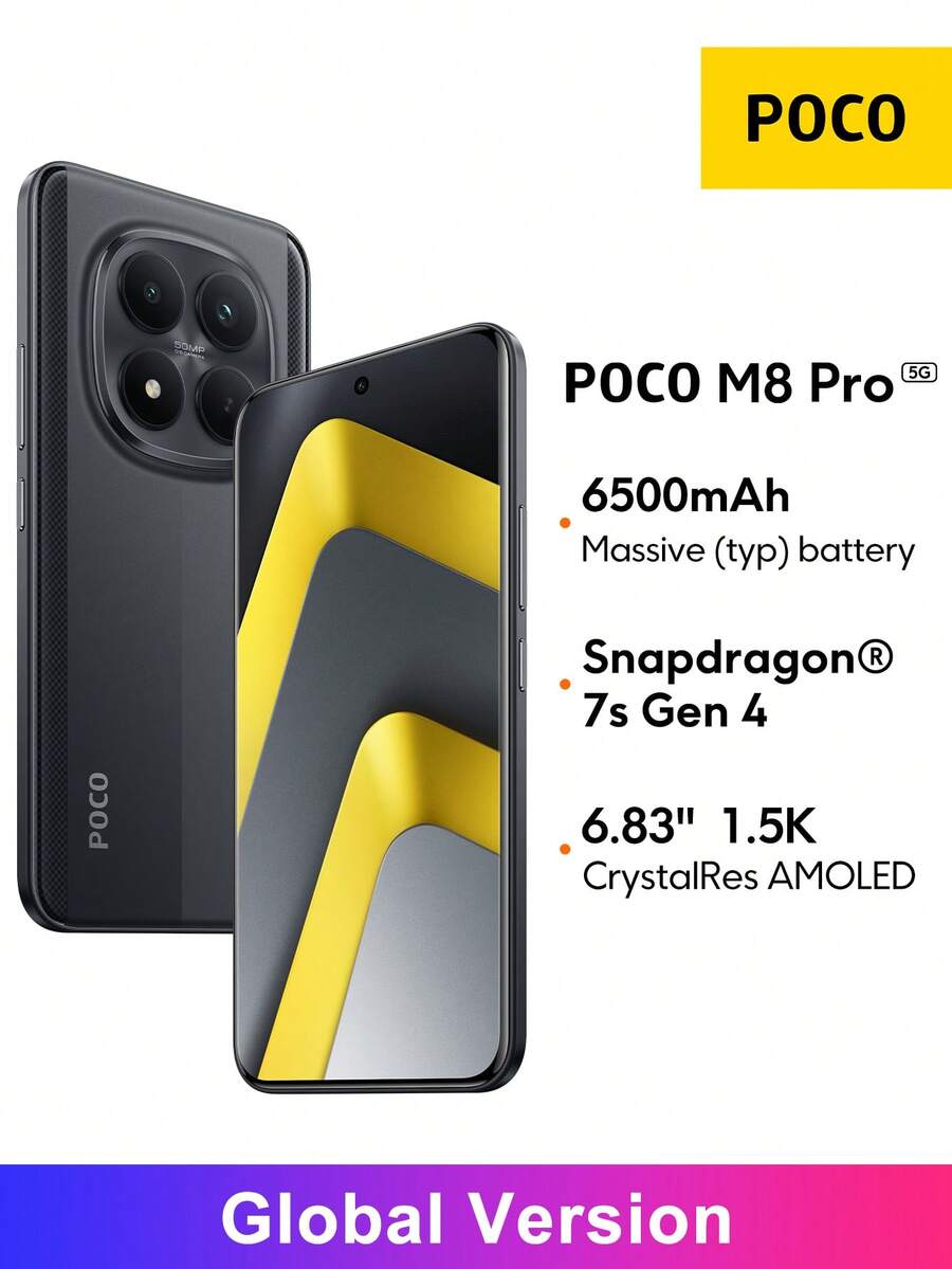 Xiaomi POCO M8 Pro 5G Global Version, Qualcomm® 7s Gen 4 Processor, 6.83" CrystalRes AMOLED Display, 50MP Main Camera, 32MP Front Camera, 6500mAh (Typical) Battery, 100W HyperCharge, Google Gemini MIUI HyperOS 2, IP68, IP69, IP69K - Black - View 1