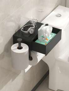 1pc Wet Wipes & Toilet Paper Holder, Self-Adhesive Wall Mount, Bathroom Tissue Roll Dispenser With Storage Shelf - Multicolor - View 2