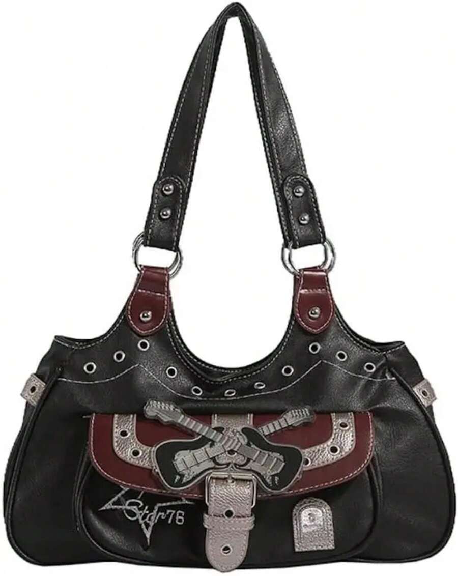 Rivet Belt Punk Y2k Leather Shoulder Purse Women Guitar Dark Grunge Goth Bag 2000s Streetwear - 1 - Xem 1