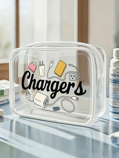 New Transparent Charging Organizer Bag - Clear Makeup Bag, Travel Essential, Portable Transparent PVC Makeup Bag With Zipper, Beach Transparent PVC Makeup Bag, Waterproof Storage Pouch, Transparent Storage Bag, Cable And USB Storage Bag, Airport Aviation Standard PVC Makeup Bag Suitable For Chargers, Cables And Power Banks