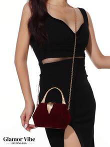 Glamor Vibe Elegant Velvet Evening Clutch Bag, Decorated With Gold Feathers, Suitable For Party Dresses, Vintage Style Velvet Handbag, Formal Occasion Evening Bag, Suitable For Ball, Wedding, Party, Cocktail Party, Birthday Party, As Birthday Gift, Bridal Clutch - Burgundy - View 4