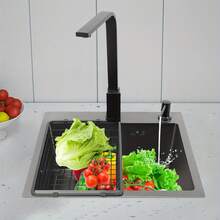 GDAE10 45 * 40 Black Diamond Spüle  + Ein Satz Abfluss + 34 * 23 Schwarzer Abflusskorb + Schwarzer Seifenspender + Schwarzer quadratischer Wasserhahn + 2 * Eckventil für die Küche zu Hause im Restaurant - Schwarz - Übersicht 9