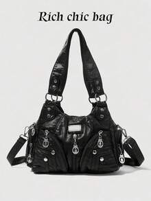 Grunge Punk New Punk Rock Chic Ladies Shoulder Tote Bag, Darkcore Motorcycle Handbag For Women, New Fashionable Big Bags For Women - 黑色 - 查看 8