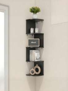 1pc Wall Mounted Corner Shelf Unit, No Drilling Required, Wall Hanging Storage Rack For Bedroom, Living Room, Bathroom, Kitchen (Carbonized Black), Rustic Style Wooden Wall Mounted Corner Shelf, Suitable For Bathroom, Kitchen, Bedroom Or Living Room (Deep Carbonized Black) - 黑色 - 查看 13