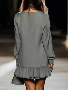 Magic Mia Women's Gray Mini Dress - Classic Neckline With Long Sleeve & Ruffled Hem Detail | Comfortable Silhouette For Weekend Brunch, Coffee Dates & Casual Hangouts | Stylish Pick For Shopping Trips, Outdoor Strolls & Evening Meetups (Chic & Effortless) For Laid-Back Polished Looks - Xám - Xem 3