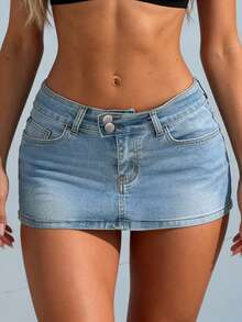 女士水洗牛仔紧身迷你裙，性感款式，纽扣设计，中等弹力面料 - 中等水洗藍 - 查看 10