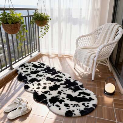 1pc Soft Faux Fur Asymmetrical Cow Print Rug, Suitable For Living Room, Bedroom, Bathroom Or Kitchen Home Decor, 1-5cm Trimming Tolerance, New Year Decoration, Soft And Skin-Friendly