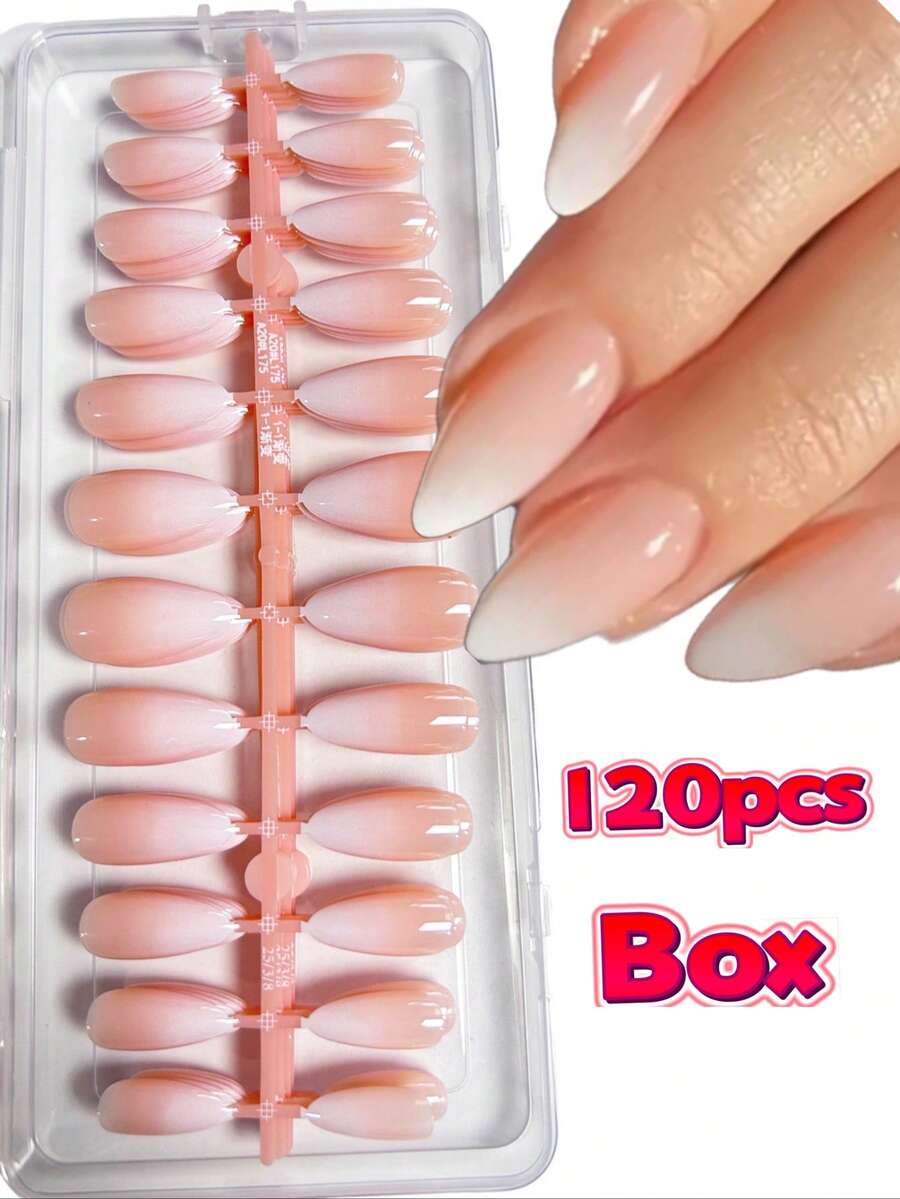 Hộp 120 miếng dán móng tay giả dài vừa, màu nude ombre cổ điển tối giản, hồng ombre trắng, móng giả acrylic, sản phẩm làm móng nghệ thuật DIY, dụng cụ làm móng - Nhiều màu - Xem 1
