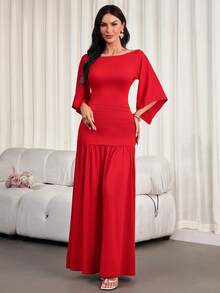 This Elegant, Stylish New Pure Red A-Line Dress Features A Large Collar, Irregular Sleeves, And Pleated Knitted Panels - Perfect For Graduation Parties, Holiday Events, Dates, And Other Occasions.