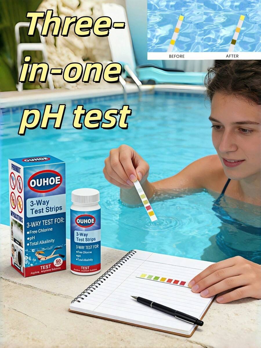 1pc OUHOE 3-In-1 PH Test Strips, Test Paper For Swimming Pool Water Total Alkalinity And Hardness, Pool Cleaning Water Acid-Base Test Paper - Multicolor - View 1