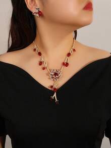 1 Set Of 3pcs Luxurious Jewelry Style Copper Zirconia Flower Necklace And Earrings Set, Matching Bridal Gown And Evening Dress Accessories - Jewelry Sets - View 2