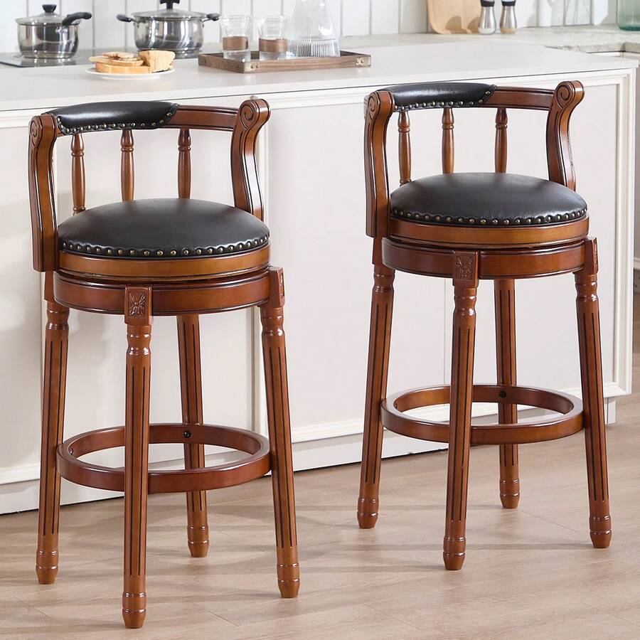 Wooden Bar Stool With Cowhide Leather Top, Dining Chair, 360-Degree Swivel, Ideal For Kitchen, Dining Room And Bar Room, Multicoloured Optional. - Black - View 1