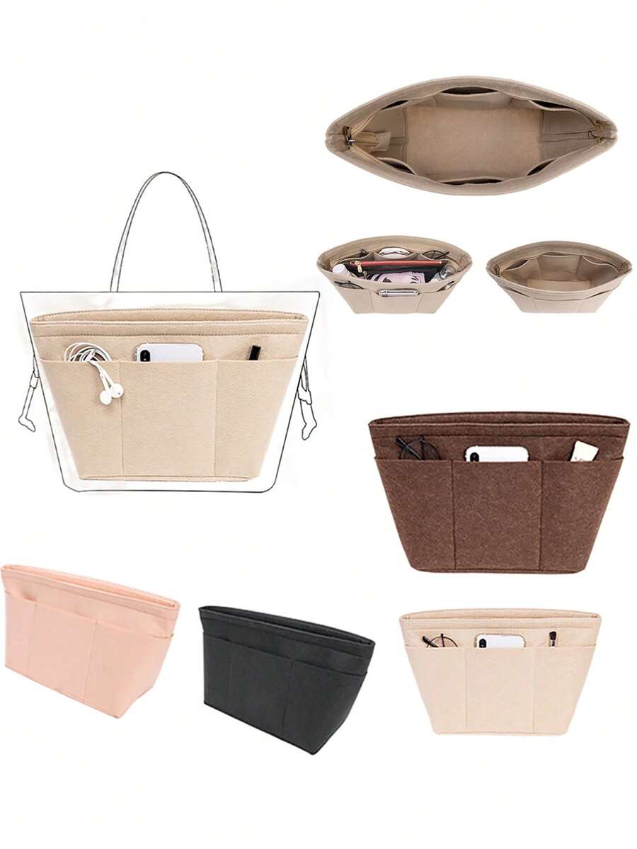 1pc Multi-Functional Felt Lining Makeup Bag Handbag Medium Size Storage Bag Large Capacity Cosmetic Organizer Bag With Multiple Compartments, Suitable For Keys, Phones, Lipsticks And Other Fashion Portable Travel Accessories - Multicolor - View 1