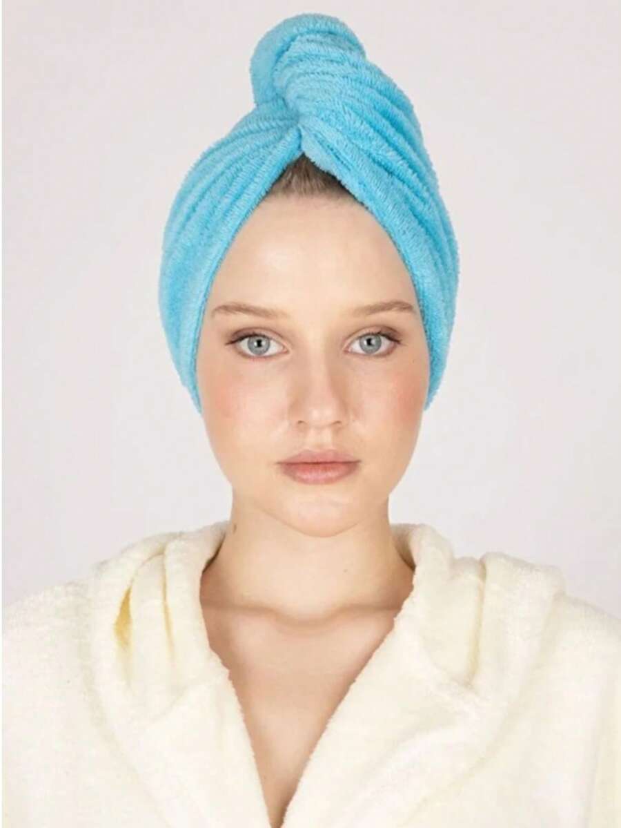 Beyzateks Textile Luxury Buttoned Towel Hair Drying Bonnet Made In Turkey 25x70 Cm 100% Cotton - Mint Blue - View 1