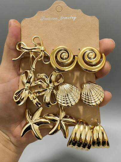 Set de 2-12 piezas de aretes de botón minimalistas y de alta gama chapados en UV de resina CCB, set de aretes de botón con diseño de remolino, nuevos aretes con lazo, aretes con diseño de concha y mariposa chapados, joyería de hip-hop, aretes geométricos, para uso diario, regalo para novia/familia/amigos