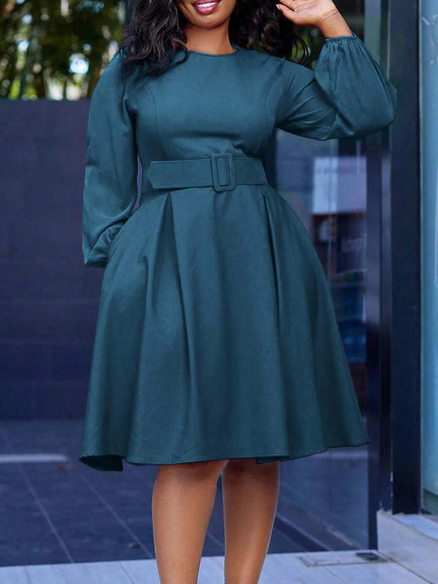 Elegantes Damen Midi-Kleid mit Rüschensaum und Gürtel, Rundhalsausschnitt, Taschen, einfarbig, Stoff geeignet für elegant, Lässig, Urlaub, Hochzeit, Büro, Herbst - blauer See - Übersicht 1