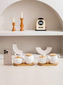 1 Set White Ceramic Kitchen Storage Jars & Spice Rack With Bamboo Tray, Ceramic Spice Jars With Natural Bamboo Lids, Creative Nordic Style Diamond & Wave Pattern, Suitable For Hotel, Restaurant, Home Kitchen Seasoning Bottles, Oil, Vinegar, Spices - White - View 10