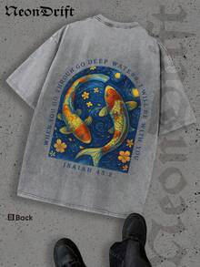 Men's T-Shirt, Double-Sided Printing Men's Retro Distressed T-Shirt, Pure Cotton Material, Ideal Gift For Halloween, Thanksgiving And Christmas, Unisex Style Men's Koi Fish T-Shirt With Deep Water Artwork Japanese Inspired Design Relaxed Fit Casual Wear For Nature Lovers Zen Style Streetwear Fashion  Graphic Tee - 灰色 - 查看 3