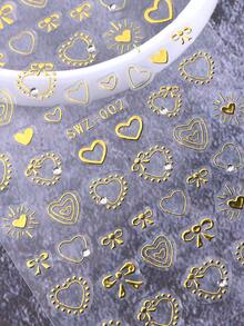 3D金色爱心水钻美甲贴纸2件装金属镂空甜心项链钥匙蝴蝶结链条粉色透明宝石饰品吊坠情人节美甲技巧女士女孩礼物DIY全息浪漫时尚婚礼节日自粘贴纸滑块美甲装饰用品 - 金色 - 查看 5