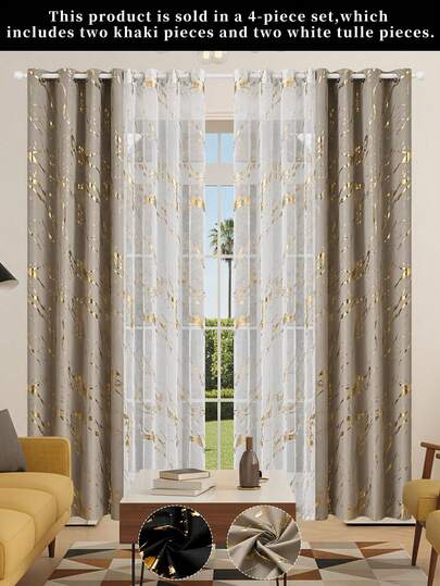 2pcs Gold Foil Marble Blackout Curtains + 2pcs Gold Foil Sheer Curtains, Modern Minimalist Style, Sunscreen, Durable, Darkens Room, Eyelets Top Design, Suitable For Living Room, Bedroom, Kitchen, Bathroom, Home Decor, Blackout Decor, Room Decor
