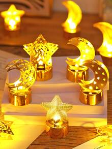 1/2/3pcs Creative Realistic LED Iron Art Moon & Star Electronic Candles, Battery Powered Flameless Candle Lights For Indoor Home Decor, Suitable For Wedding, Party, Holiday, Tabletop, Bedroom Decoration, Ramadan Decoration